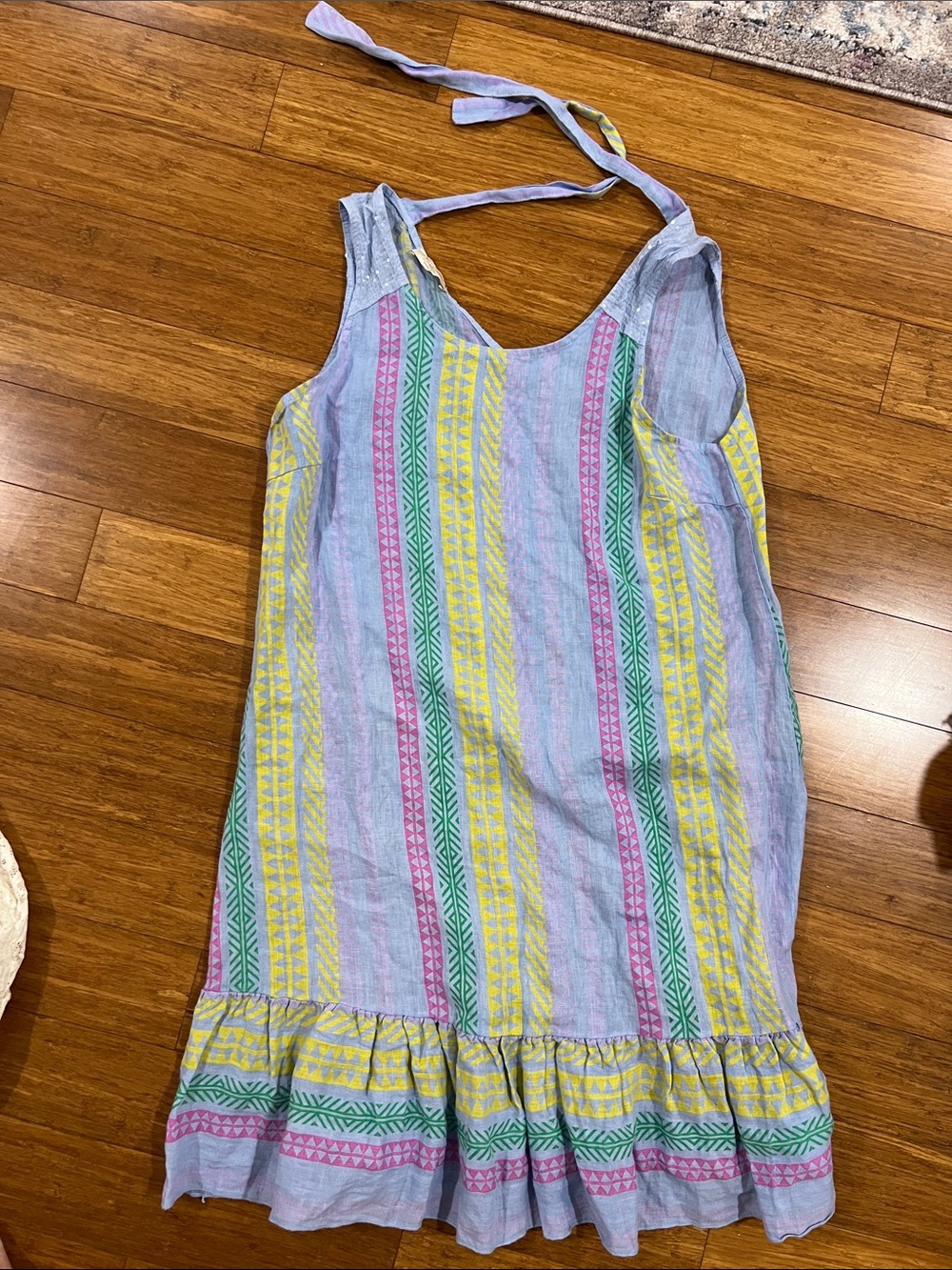 Light Blue Halter Summer Dress with Yellow, Pink & Green Stripes